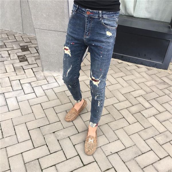 

men's jeans wholesale 2021 street casual hip hop ink frayed edging holes slim fit social spirit guy tight teenager pencil pants, Blue