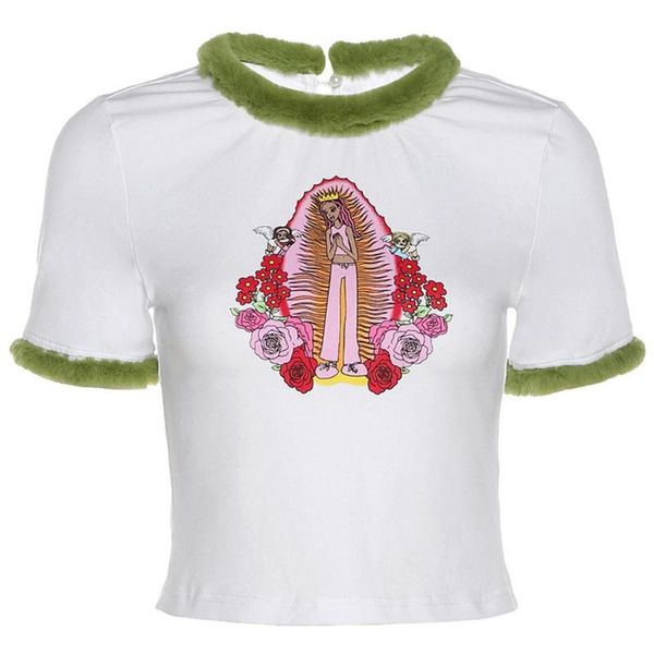 

women's t-shirt women summer short sleeve o-neck crop funny cartoon girl graphic printed harajuku faux fur trim casual slim fit, White