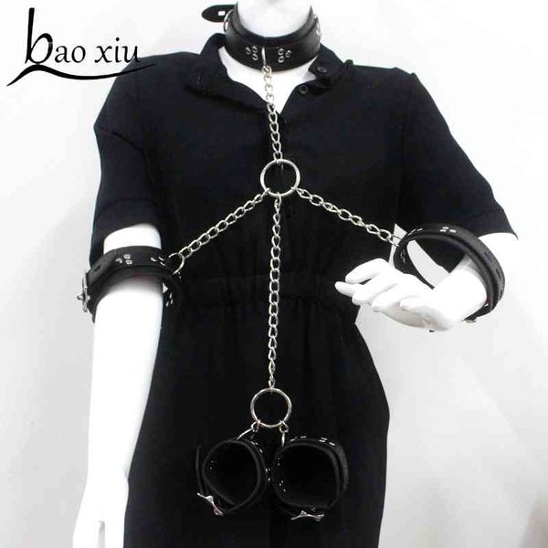 

women vintage goth faux leather collar metal chain necklace gothic harness harajuku punk bondage statement choker set, Silver