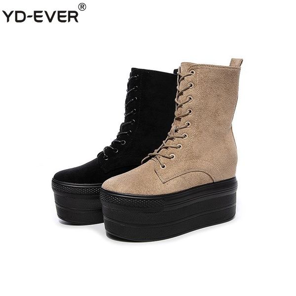 

boots yd-ever 12cm leather women high heel platform wedge shoes height increasing lace up casual sneaker, Black