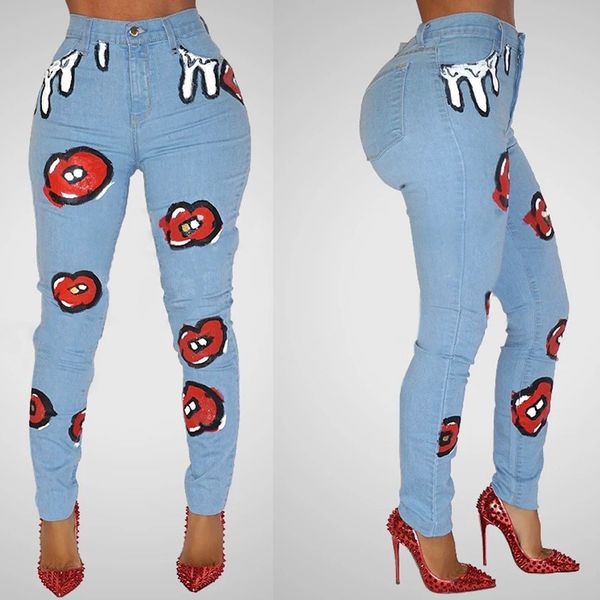 

women's jeans european and american ladies printed stretch high waist slim fit with small feet zipper fly pants 910 zzu9, Blue