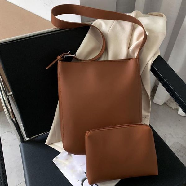 

evening bags vintage shoulder bag for women pu leather bucket large capacity crossbody simple solid color lady handbag daily pouch