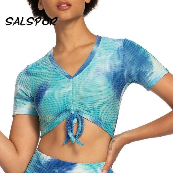 

women's t-shirt salspor tie-dye crop women drawstring t shirt fitness gym short sleeve t-shirts v-neck workout summer active clothes, White