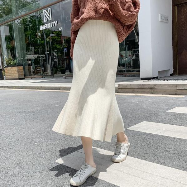 

2021autumn winter elastic high waist slim knit fishtail skirt casual stretch all-match women a-line long skirts, Black