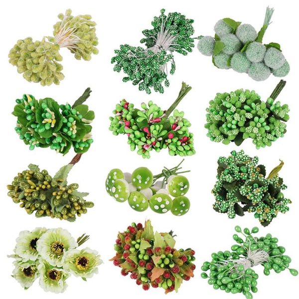 

6/10/12/25/pcs mixed green plant flower cherry stamen berries bundle diy christmas wedding cake gift box wreaths decor decorative flowers &