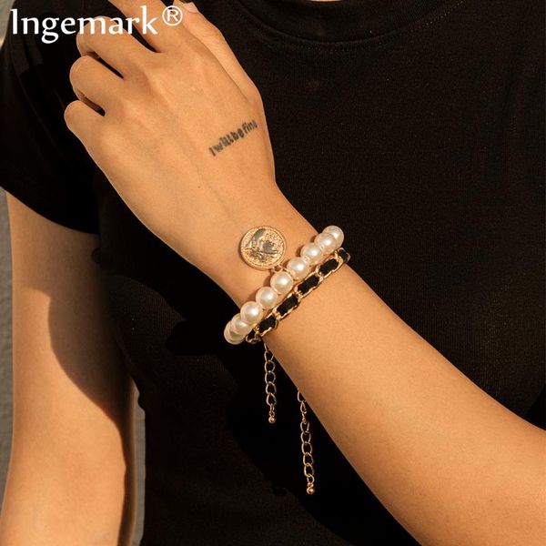 

link, chain 2pcs/set boho fashion simulated pearl coin beauty head hand bracelet vintage punk bracelets for women girls charm jewelry, Black