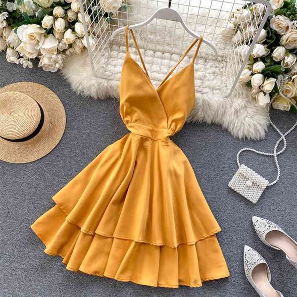 

summer spaghetti strap dress female v neck backless high waist ladys red yellow white ball gown 210430, Black;gray