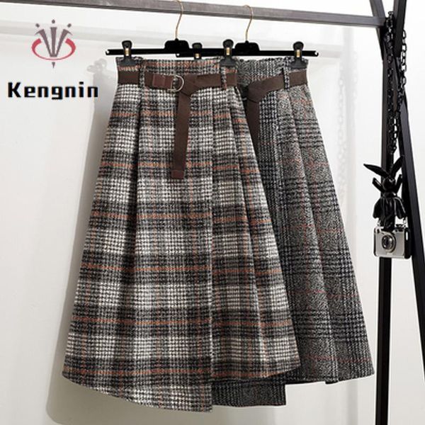 

skirts 2021 autumn winter women plaid wool&blends sashes female skirt asymmetrical loose oversized 4xl lady ke1841, Black