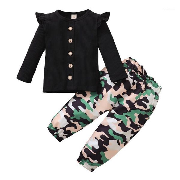 

clothing sets 1-5years toddler girls 2pcs fall outfits, long sleeve button down ruffle + camouflage pants1, White