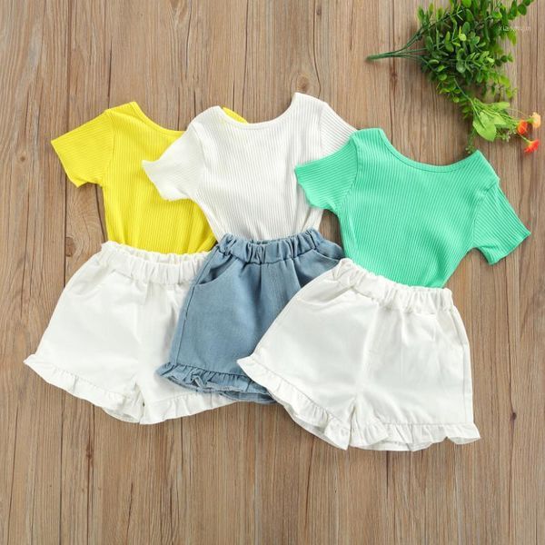 

clothing sets 2 pieces kids suit set, girls solid color round neck short sleeve ribbed + ruffled shorts for summer 2021, 2-6 years, White