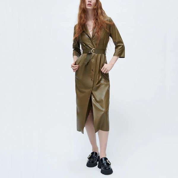 

casual dresses spring and autumn women's solid color belt decoration slim-fit imitation leather dress, Black;gray
