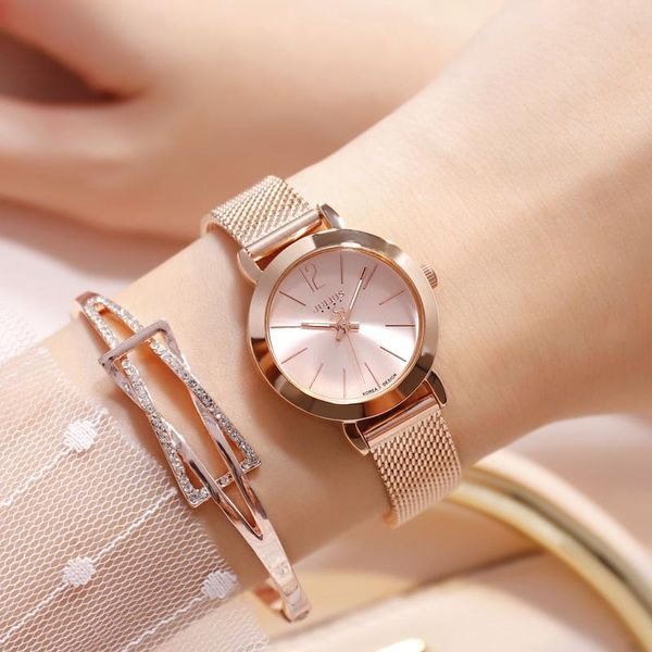 

wristwatches women rose gold steel bracelet watch ladies silver mesh band quartz watches girl fashion casual simple clock teen time hour, Slivery;brown