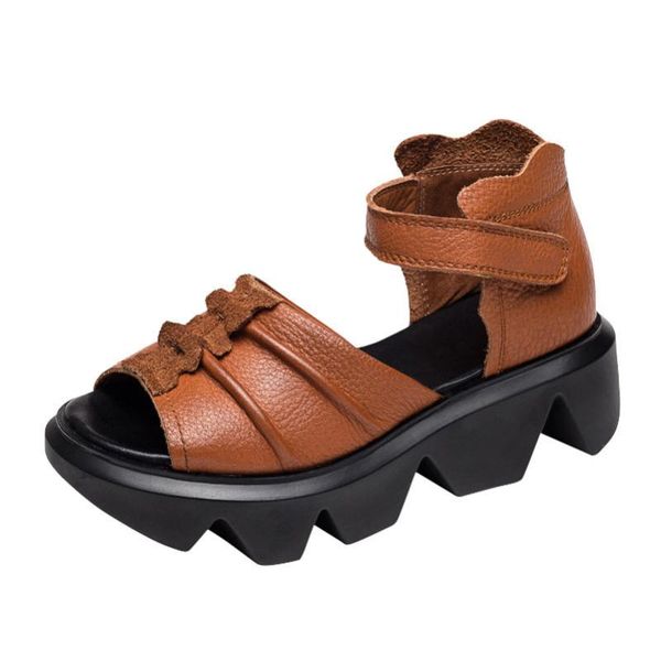 

dress shoes yourseason women increased thick platform casual genuine leather 2021 summer handmade ladies retro wedges sandals, Black