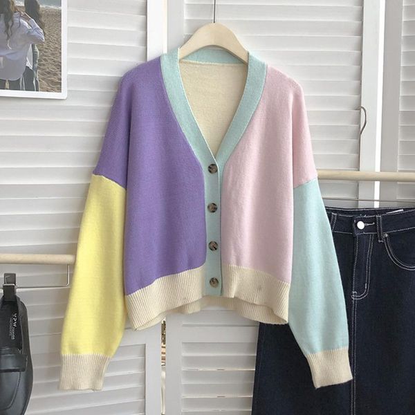 

women's knits & tees [ewq] korea chic color matching knitted cardigan women autumn 2021 spring v-neck loose long sleeve color-block swe, White