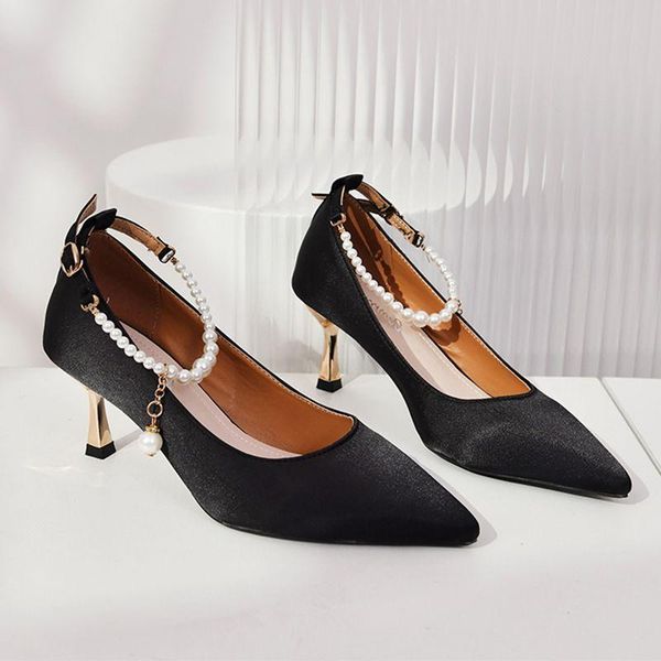 

dress shoes 2021 women pumps pointed toe luxurious elegant pearl design thin heel 6cm comfortable buckle prom banquet party, Black