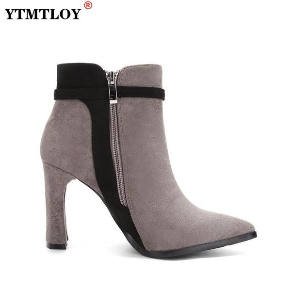 

boots women autumn ankle for thin heel zipper casual female shoes leather botas mujer pointed toe square winter, Black
