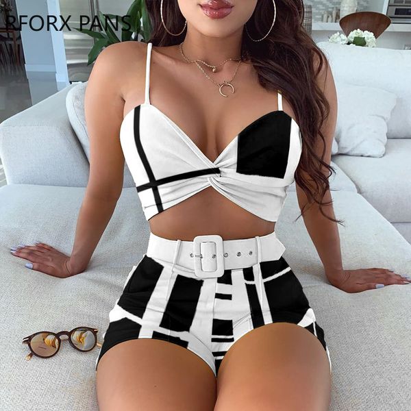 

colorblock spaghetti strap twisted & shorts set women suit, White;black
