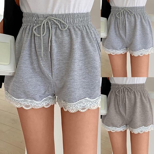 

women's shorts cotton women lace stitching solid color casual female sports short pants elastic high waist drawstring wide-leg, White;black