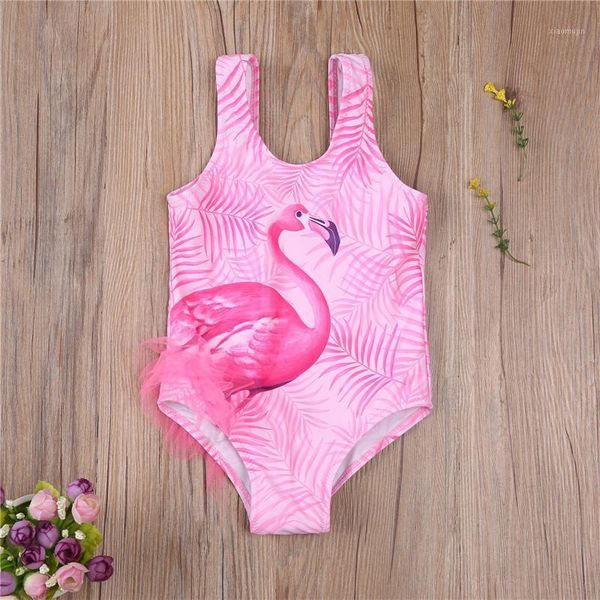 

toddler kids baby girls one-piece swimsuit summer children cartoon flamingo printing sleeveless swimwear for vacation travel one-pieces, Black