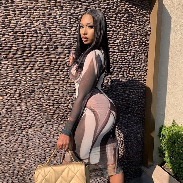 

casual dresses bkld ladies fashion printed mesh see-through long sleeve turtleneck women clothing spring 2021 club outfits, Black;gray
