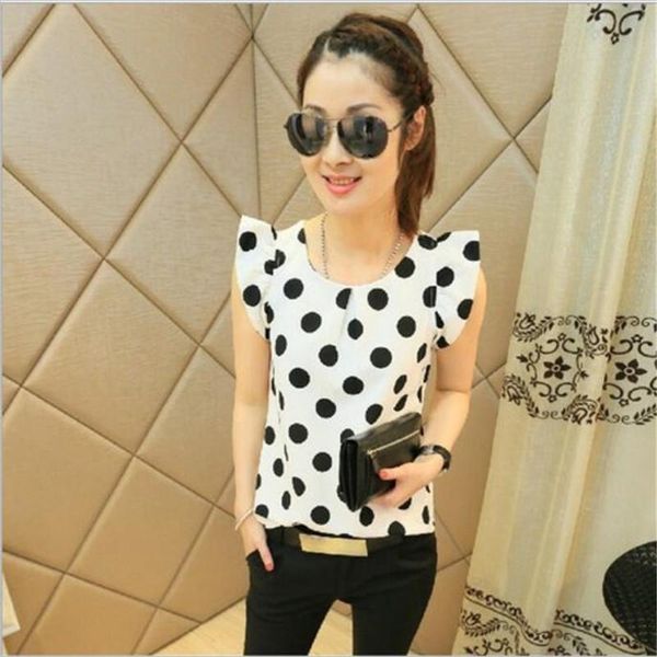 

women's blouses & shirts short sleeve round neck simple chiffon shirt wave point female slim flounces style, White