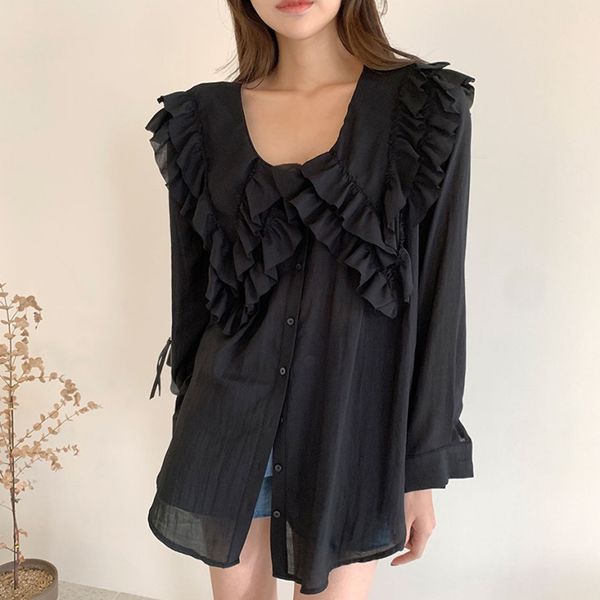 

women summer fashion elegant black all-match double-layer doll collar ruffle stitching long-sleeved shirt 16f1268 210510, White