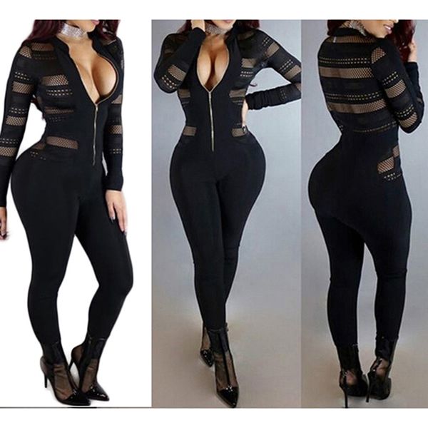 

black bodycon jumpsuit romper long sleeve bodysuit women zipper v neck jumpsuit elegant full length polyester 2021, Black;white