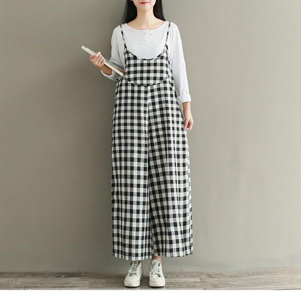 

women's jumpsuits & rompers cotton and linen women white black plaid loose wide-leg sleeveless vintage bodysuit -xxxl, Black;white