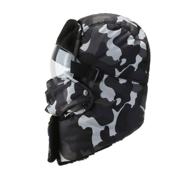 

trapper hat winter ski hat with goggles winter ear flap ski windproof mask trooper hunting ski hat mask scarf set, Blue;gray