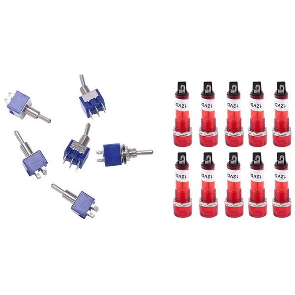 

smart home control 10 pcs dc 12v recessed red pilot light with 6 on-off-on 3-way mini toggle switch pin 6a 125vac