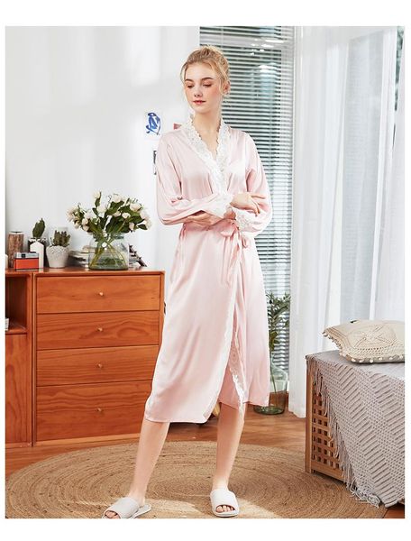 

women's sleepwear kimono long robes silky-smooth satin pure colour style with oblique v-neck robe, Black;red