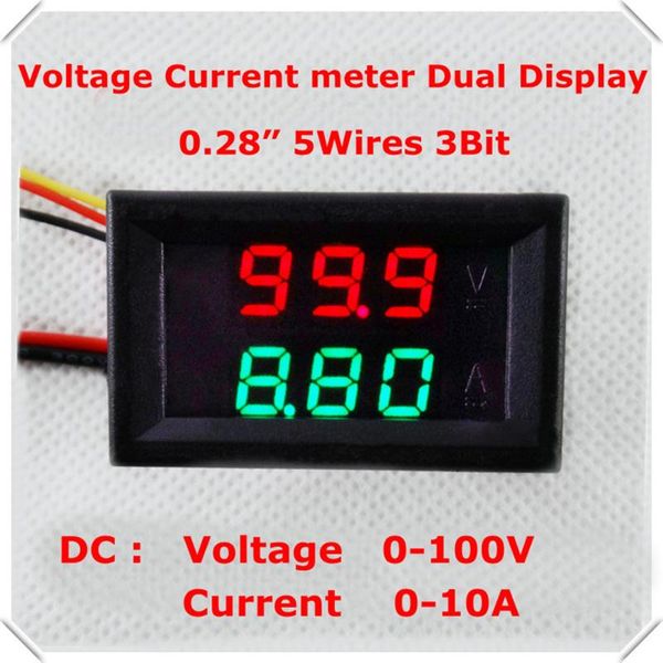 

multimeters rd dc 0-100v/10a led display color red+green 0.28 digital ammeter voltmeter 5 wire 3 bit car voltage current meter [4 pcs/lot]