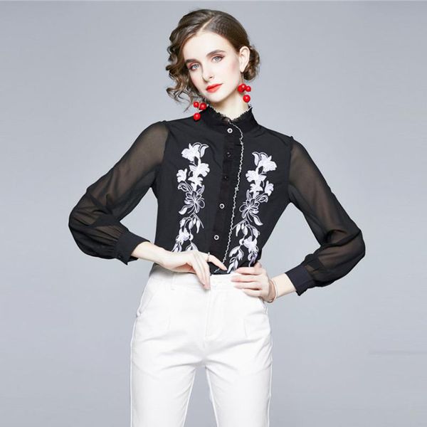

sheer black chiffon blouse autumn long sleeve floral embroidery vintage blouses women runway shirt ladies blusa women's & shirts, White
