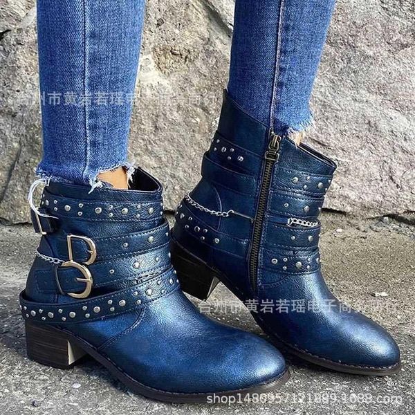 

boots 2021 winter women's belt buckle large heel rivet, Black