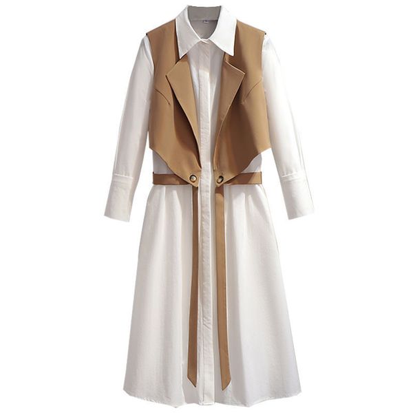 

vest suits designer autumn long shirt two piece set women turn down collar office ol white dress 210510