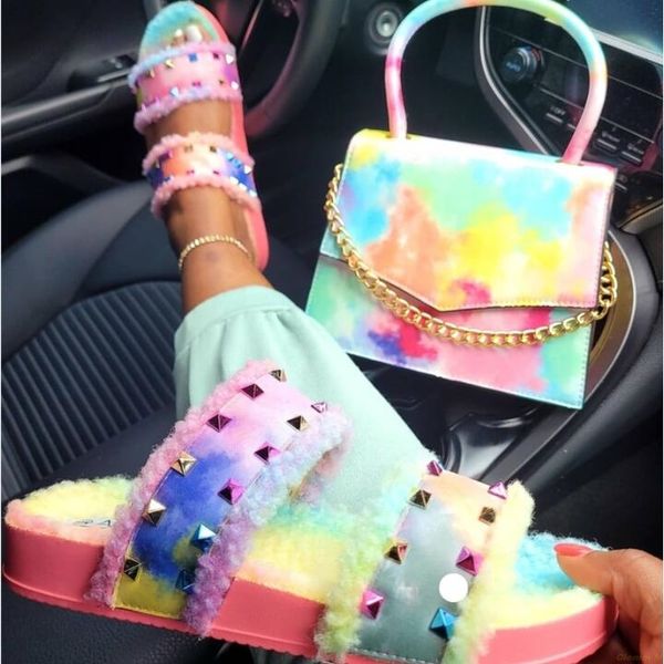 

2021 rainbow color double-layer rivets all-match women slippers new open-toed rivets plush sandals/slippers women's shoes 823, Black