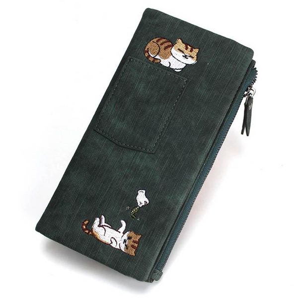 

wallets cute women cat wallet long zipper jeans style pu leather phone case card holder fashion purse 19.5 x 9 2cm, Red;black