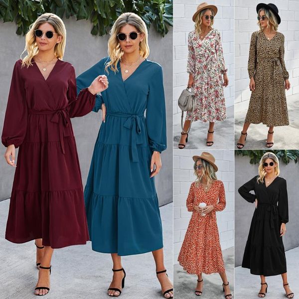 

spring 2021 european and american women's fashion printed v-neck lace female dress casual dresses, Black;gray