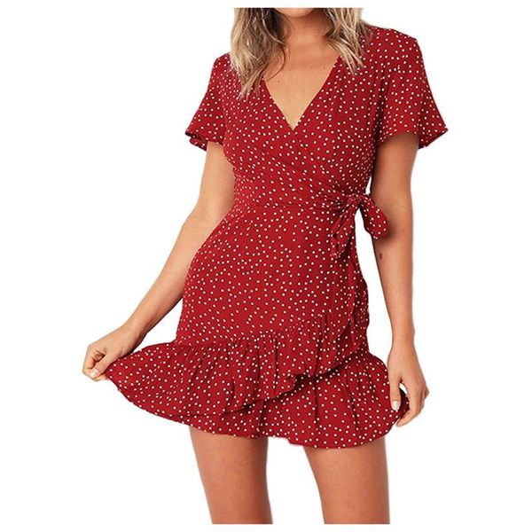

casual dresses women summer v neck floral print boho beach dress ruffle short sleeve a line mini wrap sundress robe, Black;gray