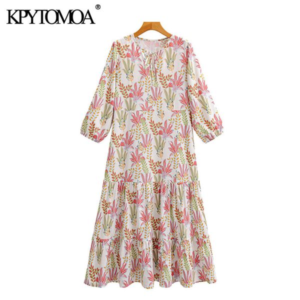 

women chic fashion floral print ruffled maxi dress vintage tied o neck three quarter sleeve female dresses mujer 210416, Black;gray