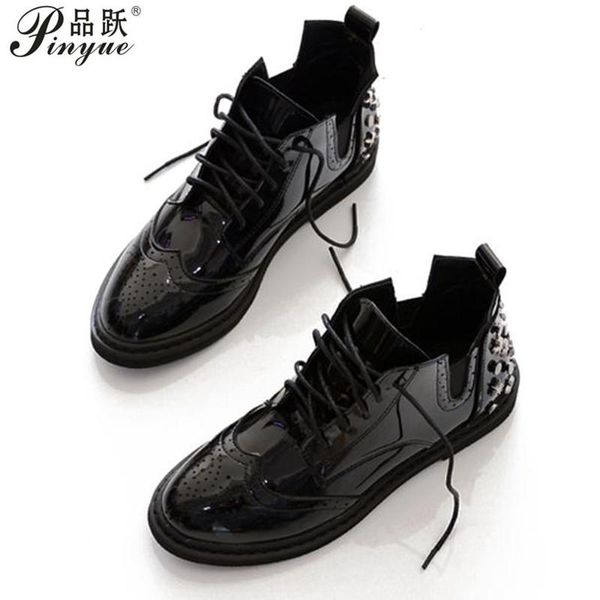 

boots autumn and winter short lace up black rivet women patent leather ankle women's