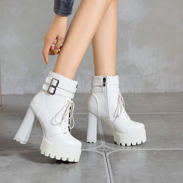 

boots ankle women fashion cross strap autumn winter ladies thick sole platform short woman botas mujer shoe plus size 43 1363, Black