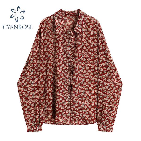 Camicette cardigan retrò con stampa floreale Top per donna Manica lunga estiva Camicie francesi eleganti Donna New Beach Blusa rossa 210417