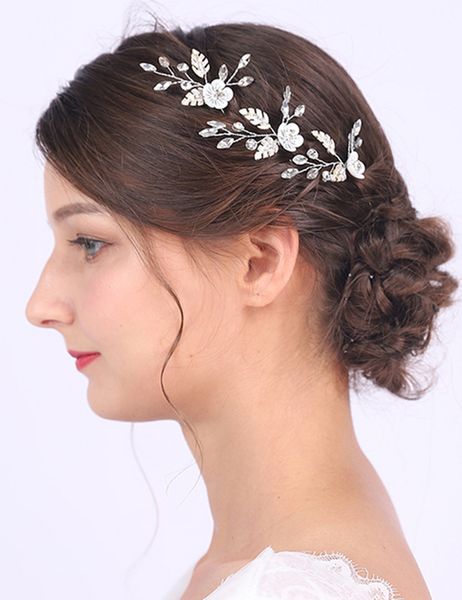 

Vintage Silver Flower And Leaves Hair Clip Rhinestones Banquet THree Hair Pins Female Glamour for Lady