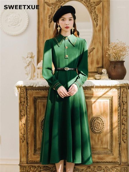 

casual dresses sweetxue 2021 women's maxi dress fashion autumn dark green long vintage elegant lapel holiday, Black;gray