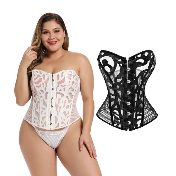 

plus size women's corsets transparent lingerie steampunk wedding corset see through lace hollow out bustiers body shaper waist slimming, Black;white