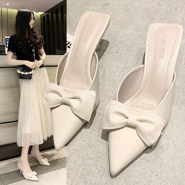 

slippers elegant mid heel women slipper summer pointed-toe ladies slip on leisure office shoes beige pumps female, Black