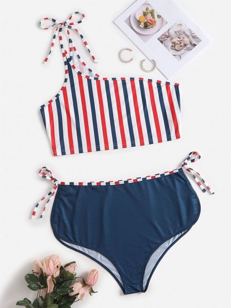 

plus striped knot detail one shoulder pj set b6ic#, Black;white