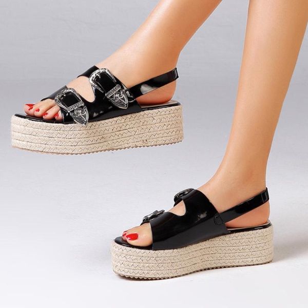 

summer women's open toe sandals fashion belt buckle flat wild beach shoe, Black