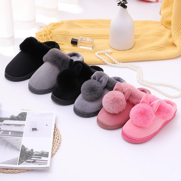 

slippers autumn and winter ears, fashion outer wear female cotton slippers, plush comfortable warm, Black
